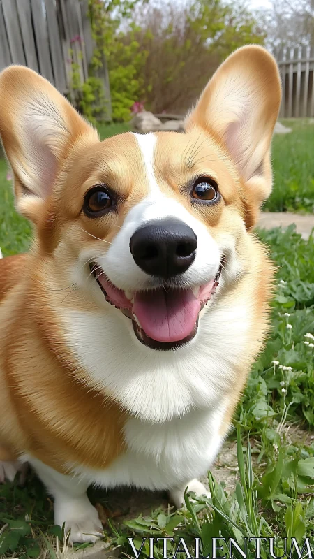 Joyful corgi portrait in sunlit backyard close-up shot.
