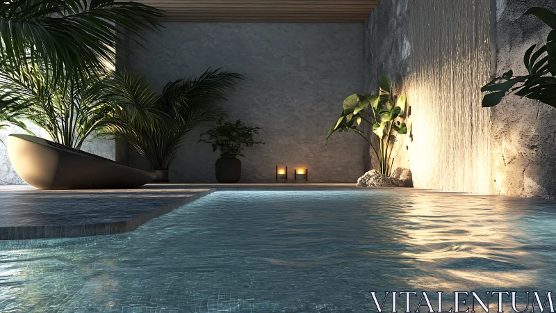 Tranquil indoor pool hideaway with candles and soft waterfall.