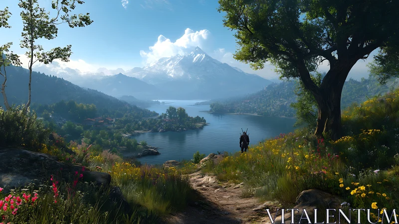 Digital landscape panorama with heroic figure and alpine lake.