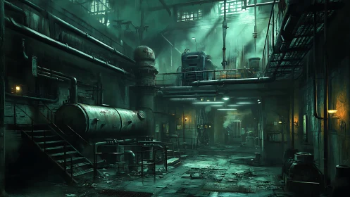 Abandoned industrial boiler hall with corroded pipelines lit teal