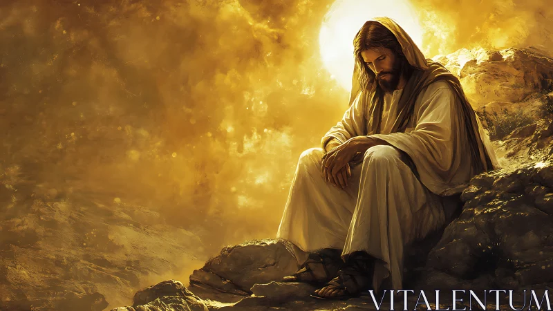 Digital painting of contemplative robed figure in golden light.