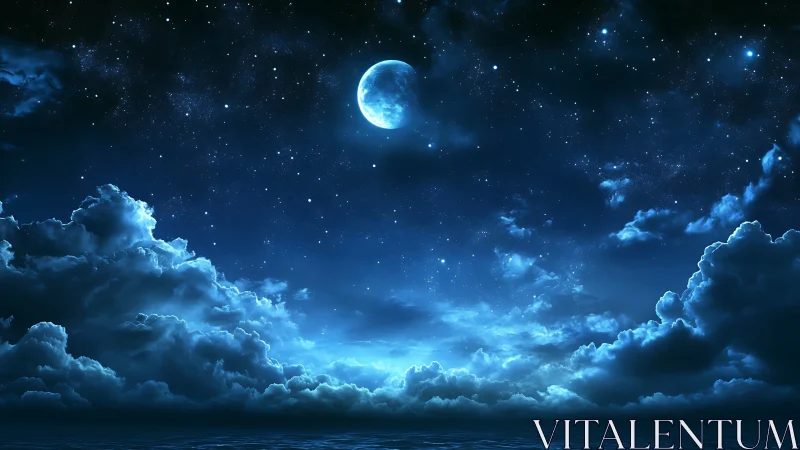 Luminous crescent moon illuminates volumetric clouds and starfield