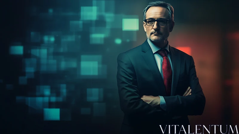 Middle aged businessman stands before digital squares background.