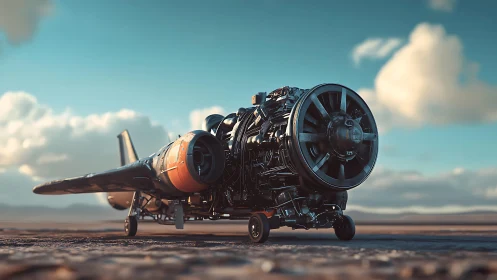 Deconstructed radial aircraft engine on desert runway at sunset