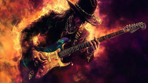 Guitarist in hat plays electric guitar amid vivid swirling flames