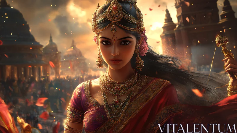 Regal warrior princess stands amid burning temple city.