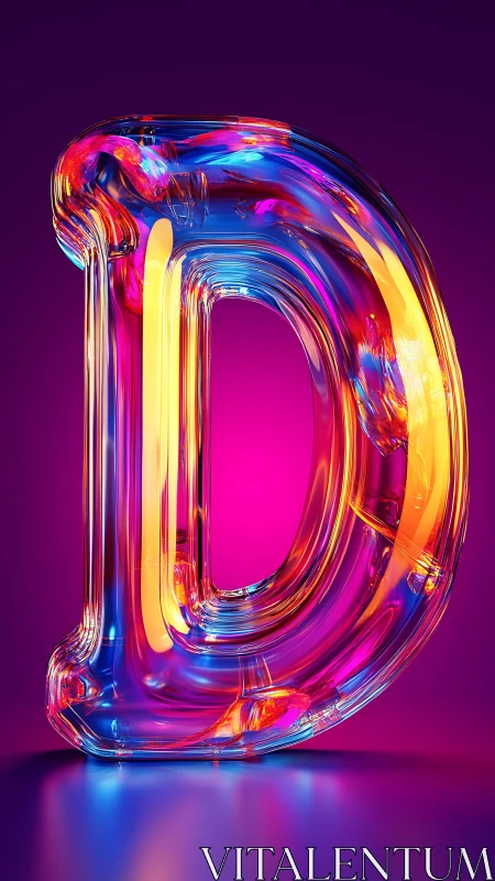 Translucent 3D letter D in multicolor neon lighting.