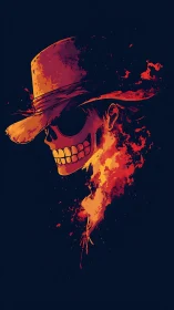 Flaming outlaw skull grinning beneath a weathered hat.