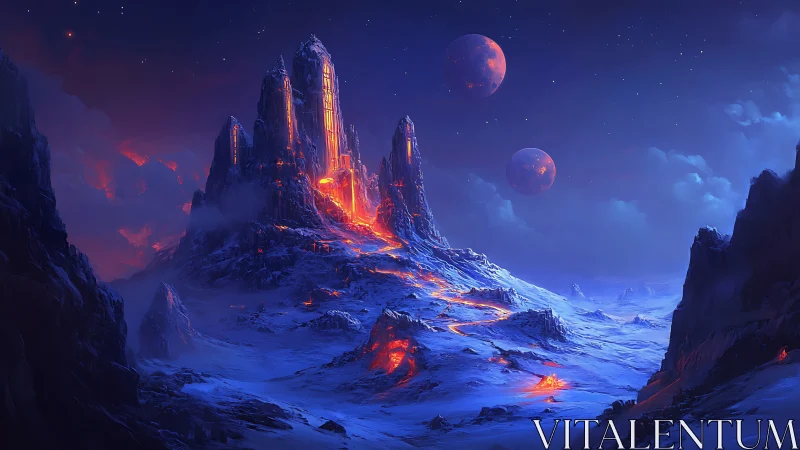 Lava-lit alien spires dominate frozen exoplanet landscape.