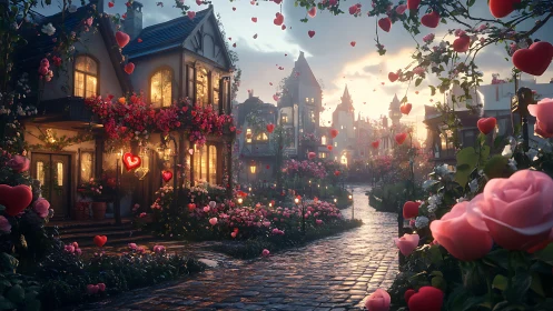 Romantic cobblestone street lined with rose covered houses.