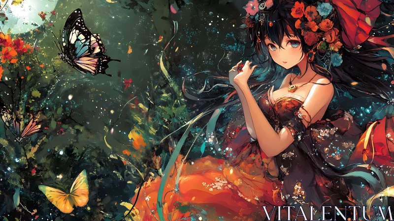 Butterfly-crowned maiden drifts through luminous forest night.