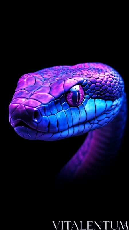 Neon-lit serpent head glows with electric blue and violet scales