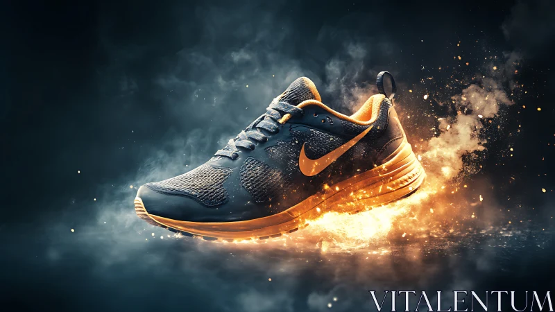 Explosive Nike running shoe suspended in fiery motion design.
