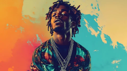 Vibrant urban portrait with neon gradient backdrop treatment.