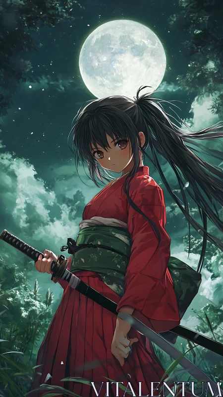 Moonlit blade girl beneath storm-bright samurai heavens.