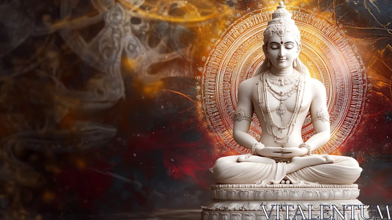 Intricately rendered white Buddha sculpture with luminous radial mandala