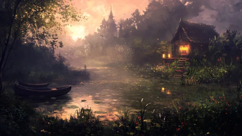 Twilight forest cabin beside reflective pond in digital painting.