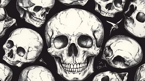 Ink-rendered anatomical skull pattern with high-contrast linework.