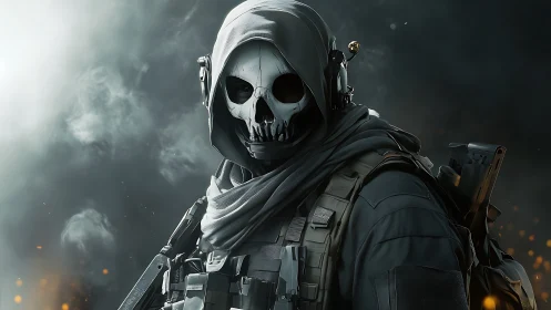 Mysterious masked soldier standing in smoky battlefield calm.