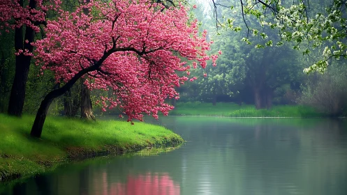 Pink flowering tree arches over calm reflective lakeside