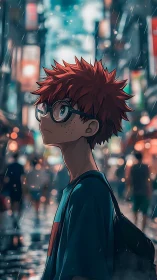 Rainy city evening with a thoughtful red haired teen.