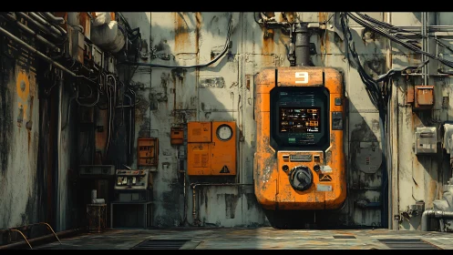 Industrial wall console with cyberpunk diagnostics interface.