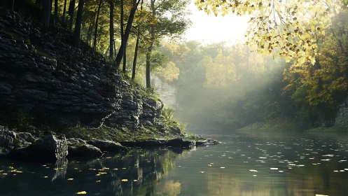 Mistlit forest cove where cliff stones sip morning light.