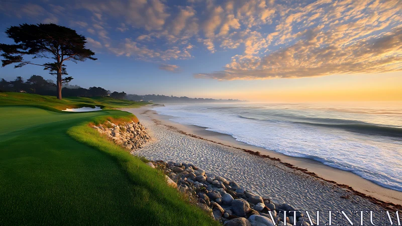 Coastal golf fairway at sunrise beside tranquil surf.