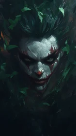 Sinister clown face emerging from dark leafy shadows.