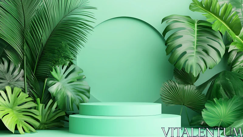Tropical green podium framed by lush layered foliage backdrop.