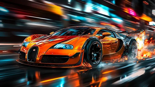 Electric orange hypercar tears through neon city night streets