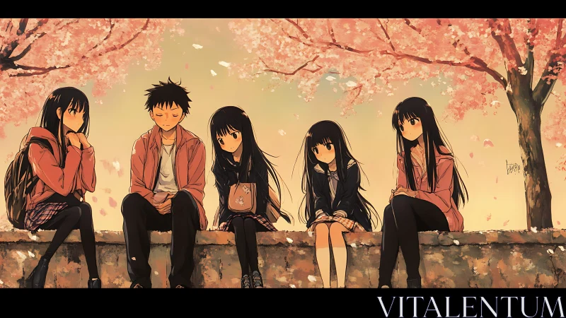 Cherry blossom bench scene with introspective anime students.