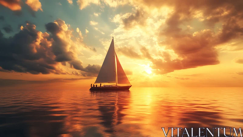 Sailboat crosses calm sea under intense golden sunset sky.