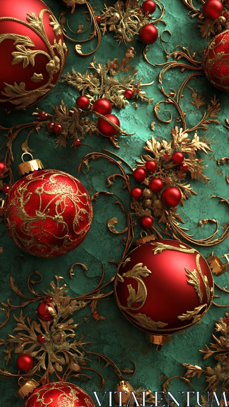 Glistening red ornaments and gold vines on teal holiday backdrop.