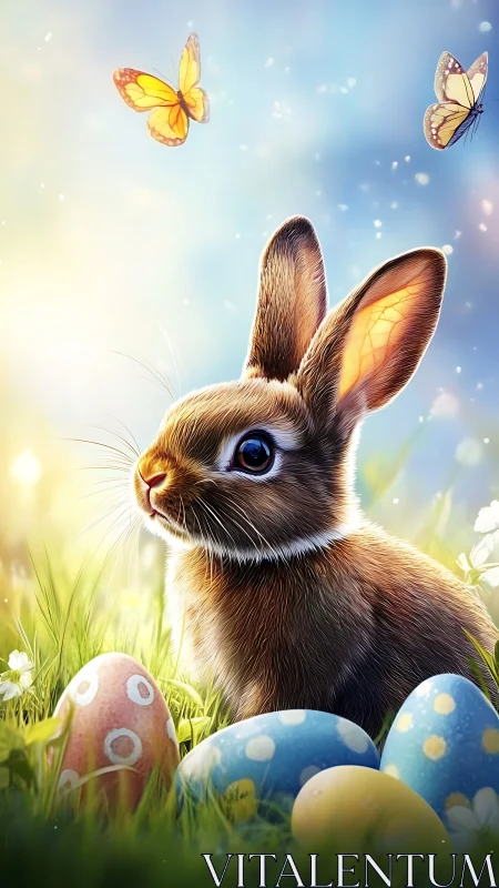 High-saturation digital bunny portrait with Easter eggs and butterflies