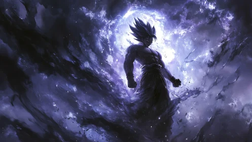 Cosmic martial warrior emerging through swirling violet energy.