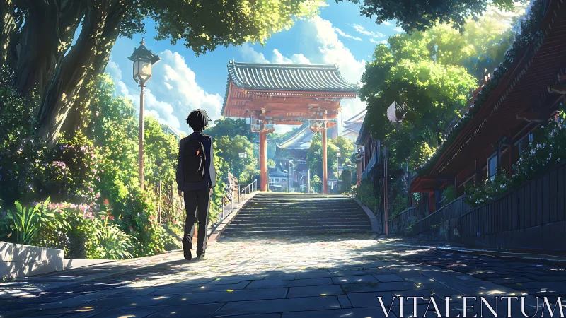 Anime shrine approach under luminous summer canopy perspective.