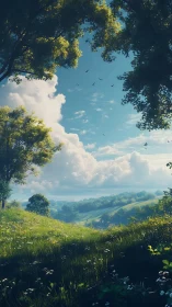 Sunlit green valley framed by trees under bright blue sky.