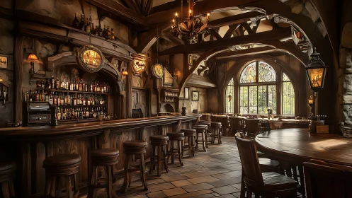 Rustic tavern interior shows warm wooden bar and seating