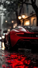 Red sports car in rainy city street with wet reflections.