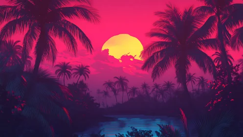 Sunset oasis glowing with dreamy neon tropical warmth.