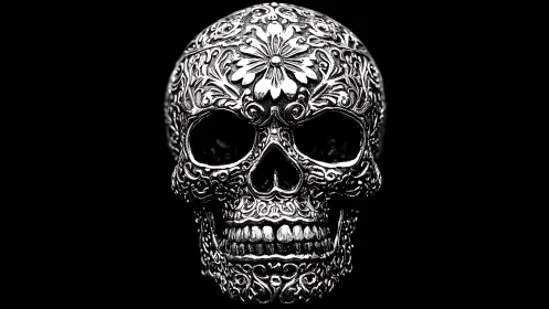 Baroque silver skull grins while filigree blooms across bone