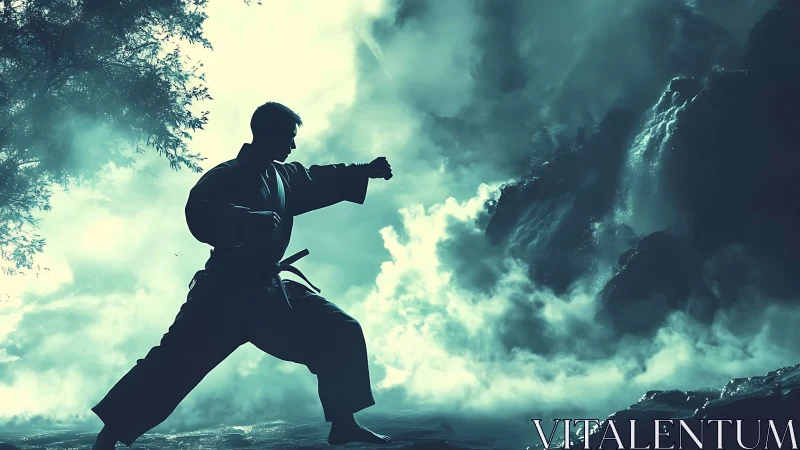 Martial artist practices kata before misty waterfall at dawn.
