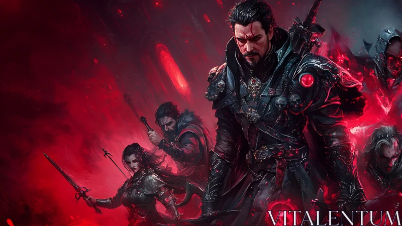 Crimson-illuminated necromancer squad in armored battle stance.