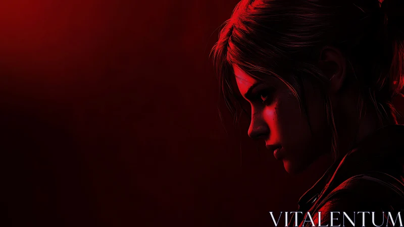 Scarlet-lit warrior girl broods in cinematic side profile.