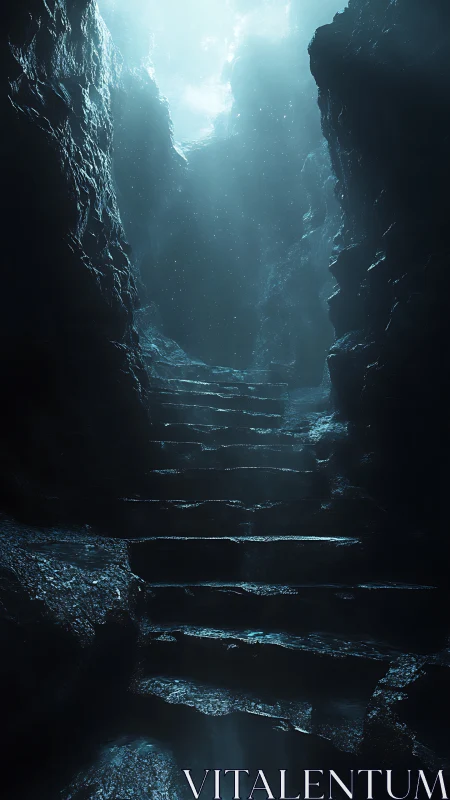 Rock steps climb through dark cavern toward cold light.