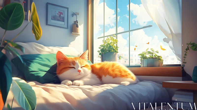 Orange and white cat resting on windowsill in sunlit interior space.