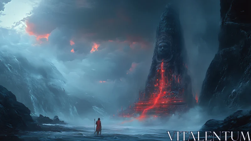 Stormlit monolith temple glows with molten red sigils.