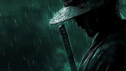 Silhouetted swordsman stands in rainfall under wide-brimmed hat