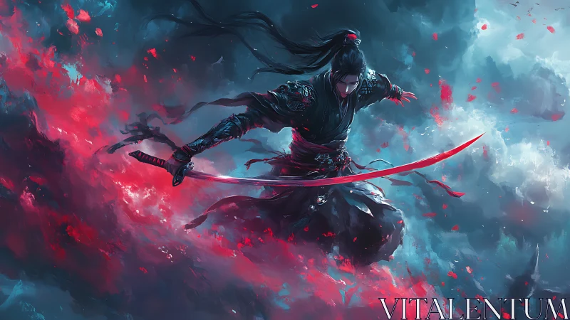 Crimson-blade warrior leaping through stormlit scarlet clouds.